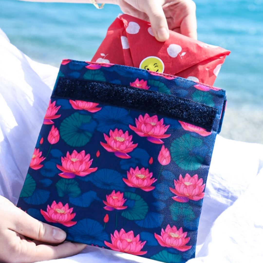 Yumbox Reusable Sandwich Bag - Set of 2 - Navy & Lotus Flowers