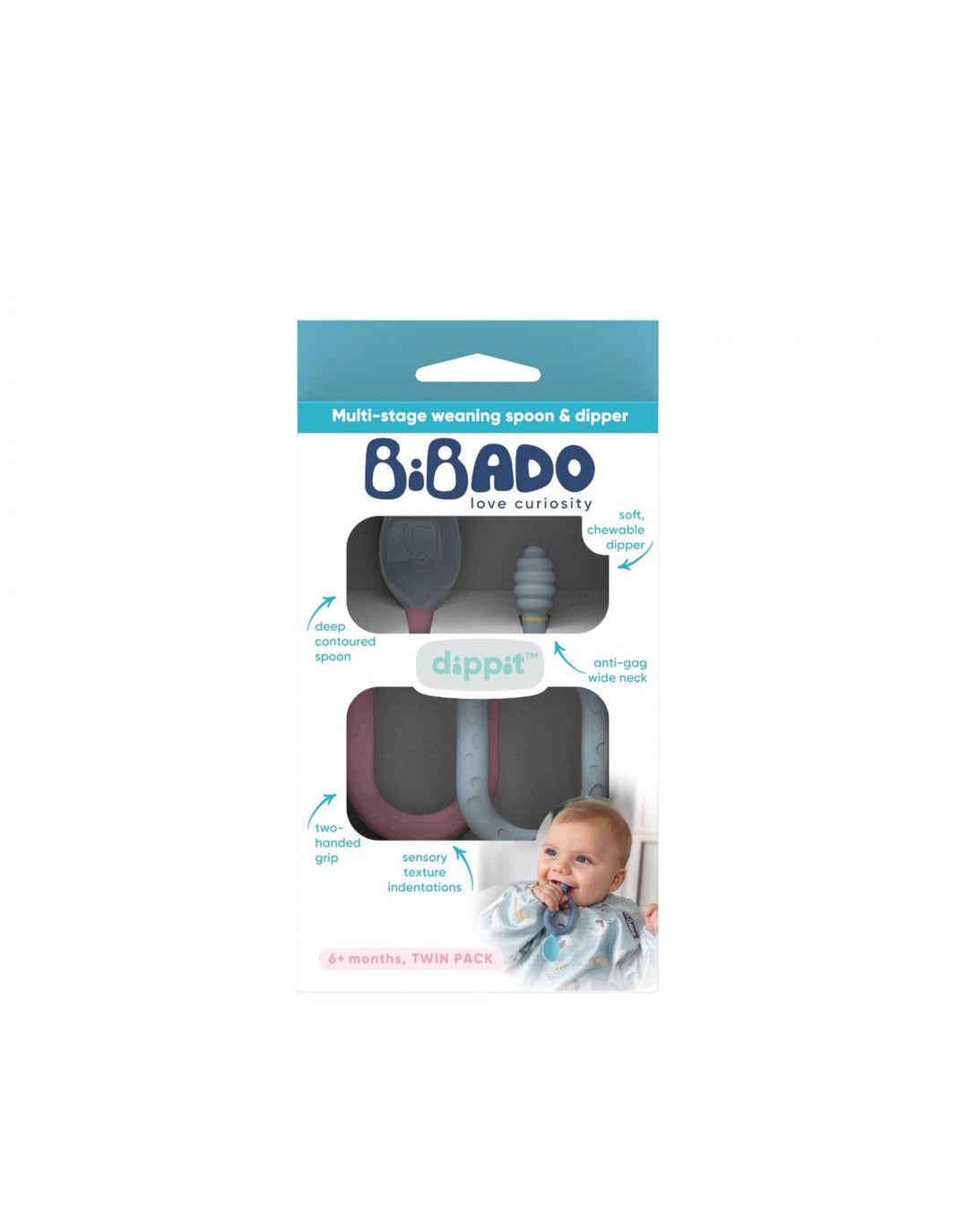 Bibado Dippit Multi-Stage Baby Weaning Spoon and Dipper - 2 Pack - Pink & Grey